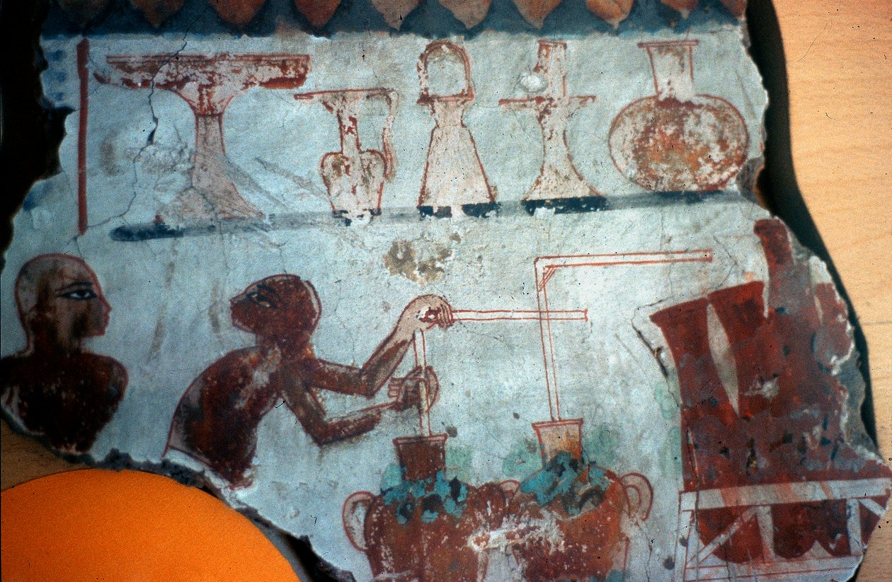 Frammento di un affresco originariamente da Tebe, raffigurante due figure maschili nell