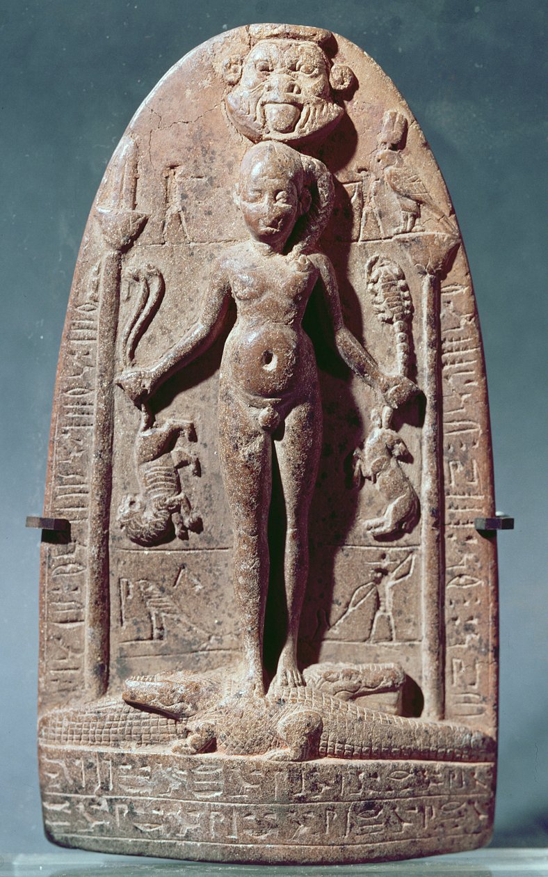 Cippo raffigurante Horus bambino in piedi sui coccodrilli (granito rosa) da Egyptian Ptolemaic Period