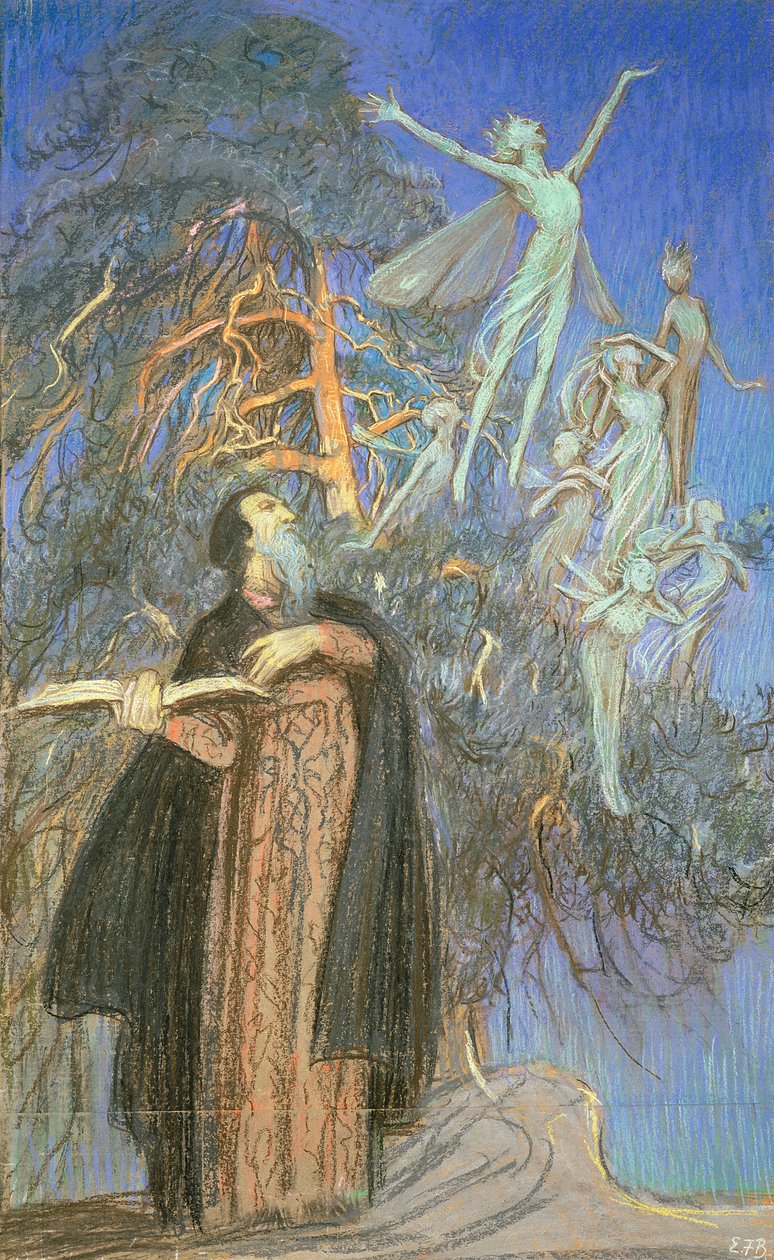 Prospero e Ariel, uno studio per un quadro perduto commissionato per Broadcasting House, Londra, c.1931 da Eleanor Fortescue Brickdale