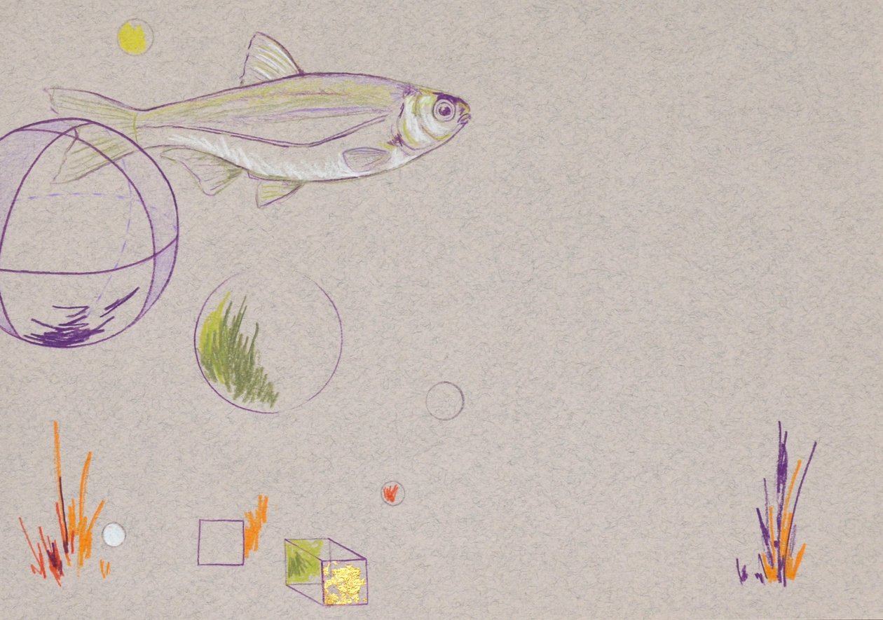 Floating, 2014 (matita acquerellata e foglia d