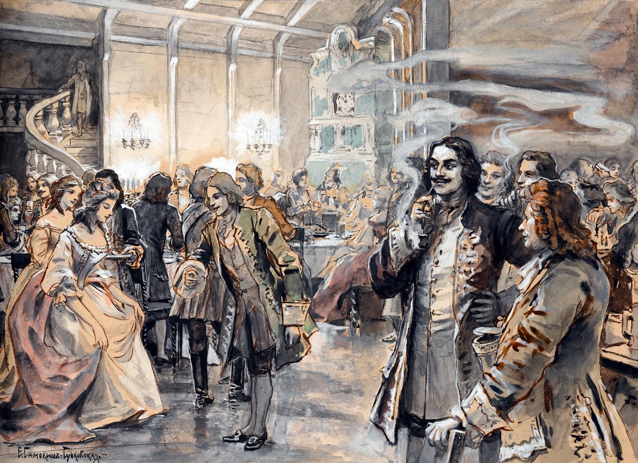 Celebrazioni pasquali alla corte di Pietro il Grande - Dipinto di Elena Petrovna Samokish Sudkovskaya (Samokish-Sudkovskaya)(1863-1924) - Acquerello, Gouache su cartone, 25,38x35 - Collezione privata da Elena Petrovna Samokish Sudkovskaya