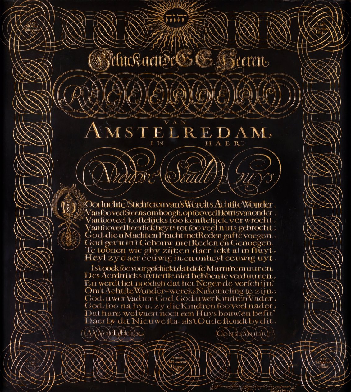 Poesia incisa di C. Huygens- Geluck aen de E.E. Heeren Regeerders van Amstelredam da Elias Noski