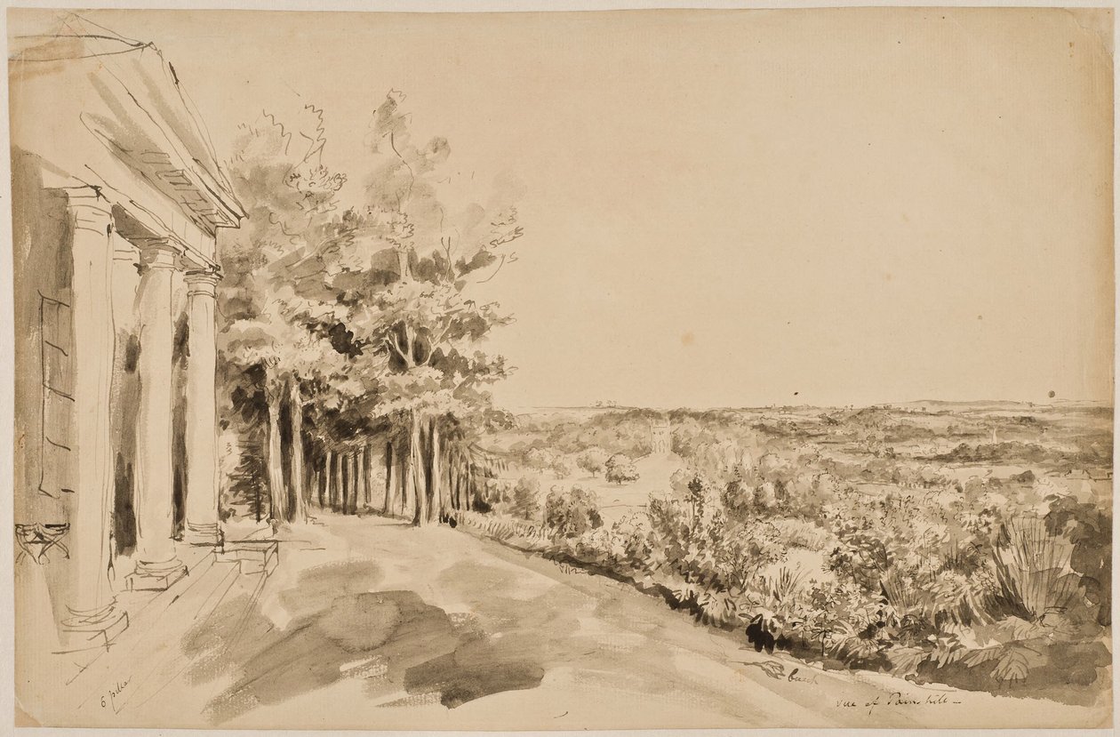 Vista del Tempio di Bacco con il Tempio gotico sullo sfondo a Painshill da Elias Martin