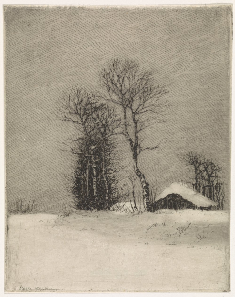 Paesaggio invernale con fattoria e alberi da Elias Stark