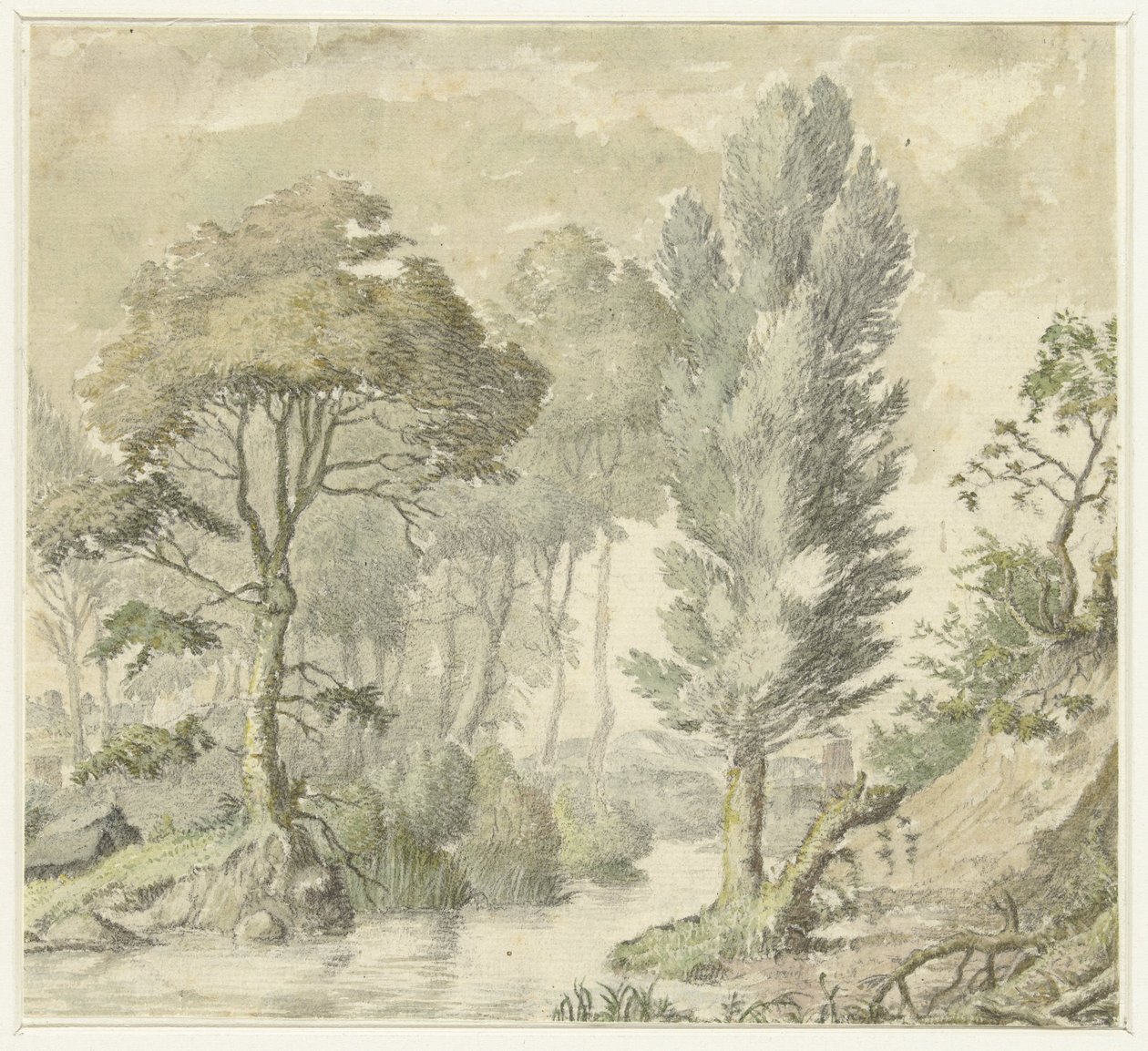 Paesaggio boscoso con collina a destra e acqua al centro da Elias van Nijmegen