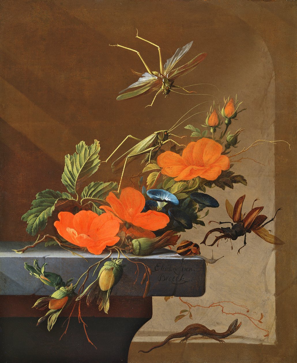 Un mazzo di rose, gloria mattutina e nocciole con cavallette, cervo volante e lucertola da Elias van den Broeck