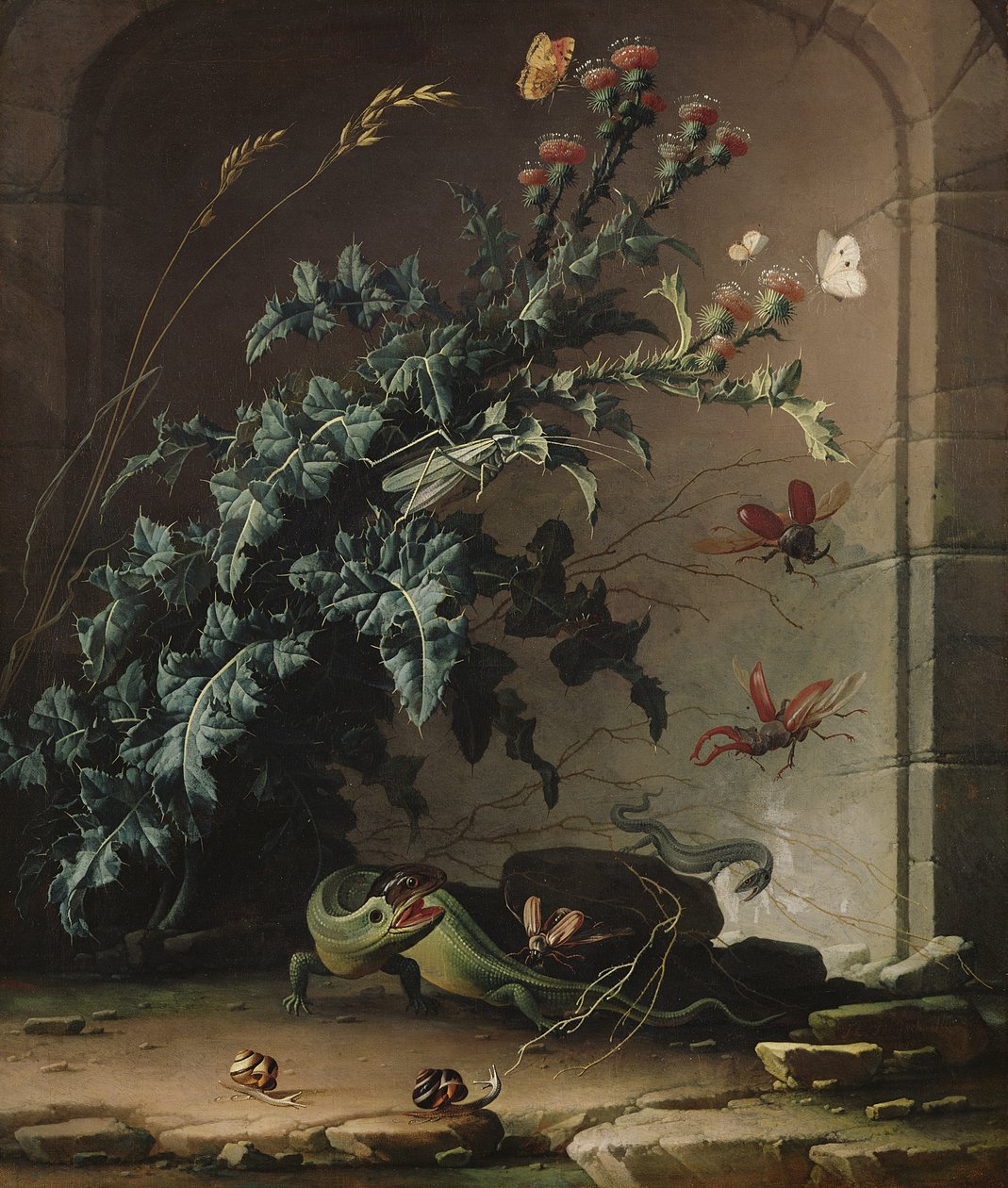 Nicchia di pietra con cardo, lucertola e insetti da Elias van den Broeck