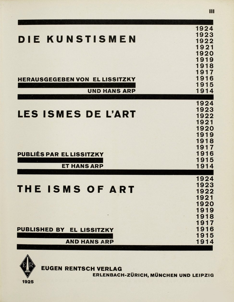 Pagina del titolo: Die Kunstismen. The Isms of Art di El Lissitzky e Hans Arp, 1925 da Eliezer Markowich Lissitzky