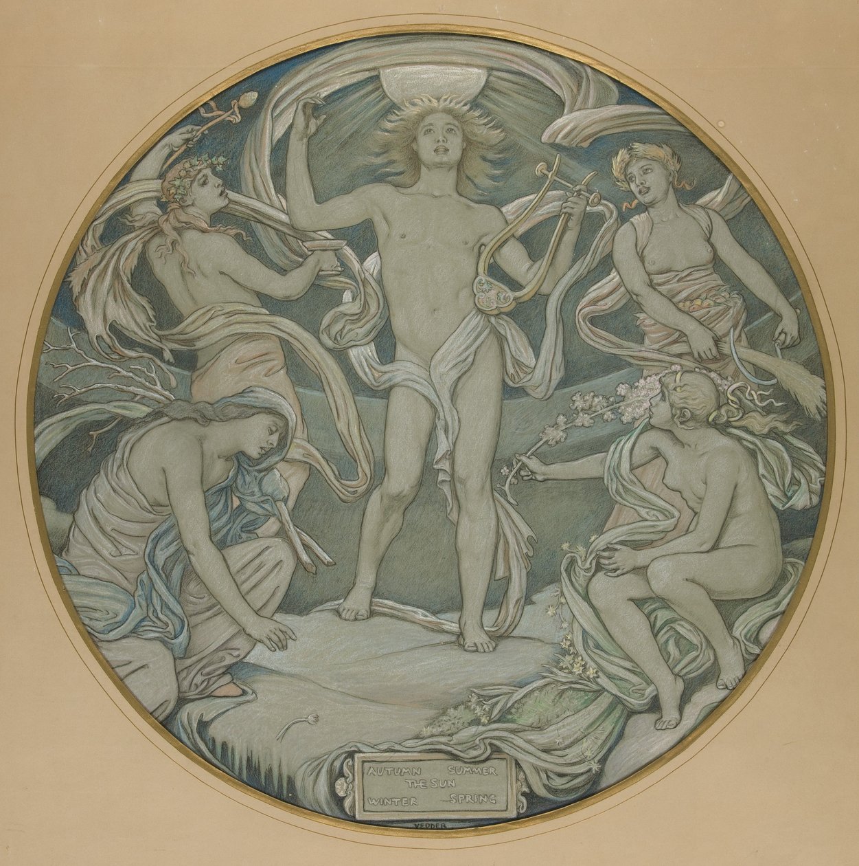 Disegno per il cerchio centrale del soffitto di Huntington: Apollo e i suoi accompagnatori da Elihu Vedder
