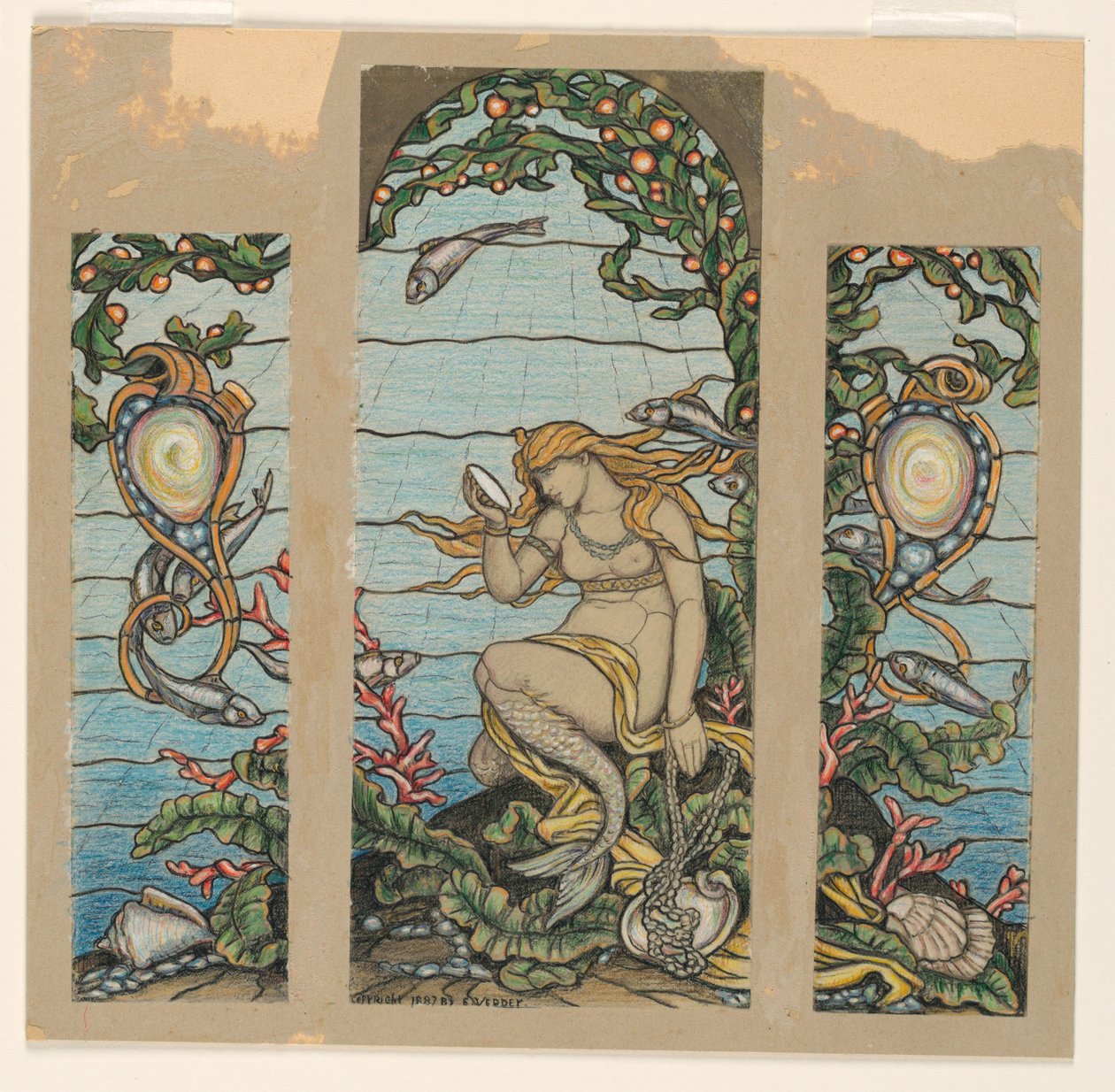 Disegno, progetto per vetrata, La finestra della sirena, per la residenza di A.H. Barney, New York, NY, 1882 da Elihu Vedder