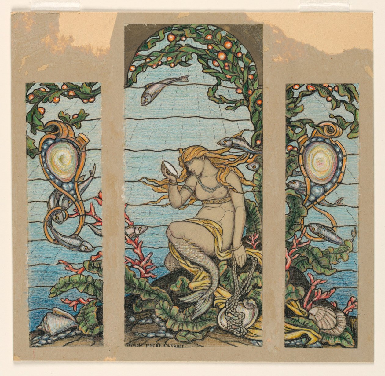 Disegno, "La finestra della sirena", progetto di vetrata per la residenza di A.H. Barney, New York, NY, 1882. da Elihu Vedder