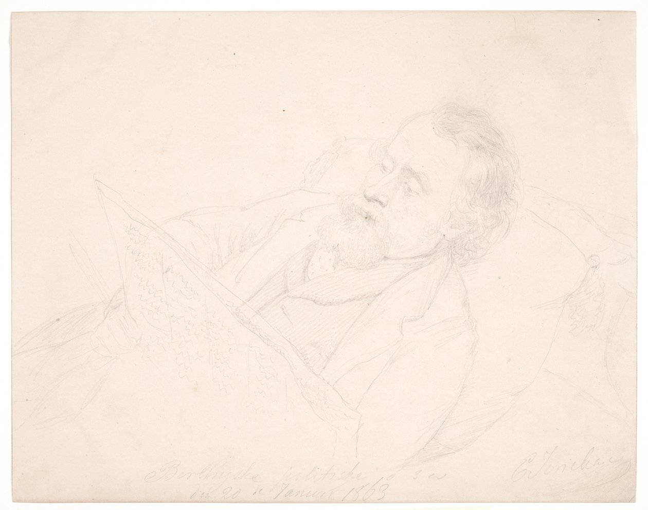 Studio di ritratto di J. A. Jerichau sdraiato su un divano e leggendo un giornale da Elisabeth Jerichau Baumann