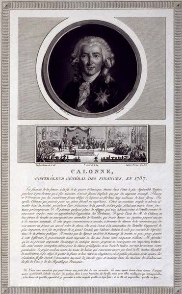 Calonne, Controllore Generale delle Finanze, nel 1787, ritratto inciso da Charles Levachez, con una scena dell