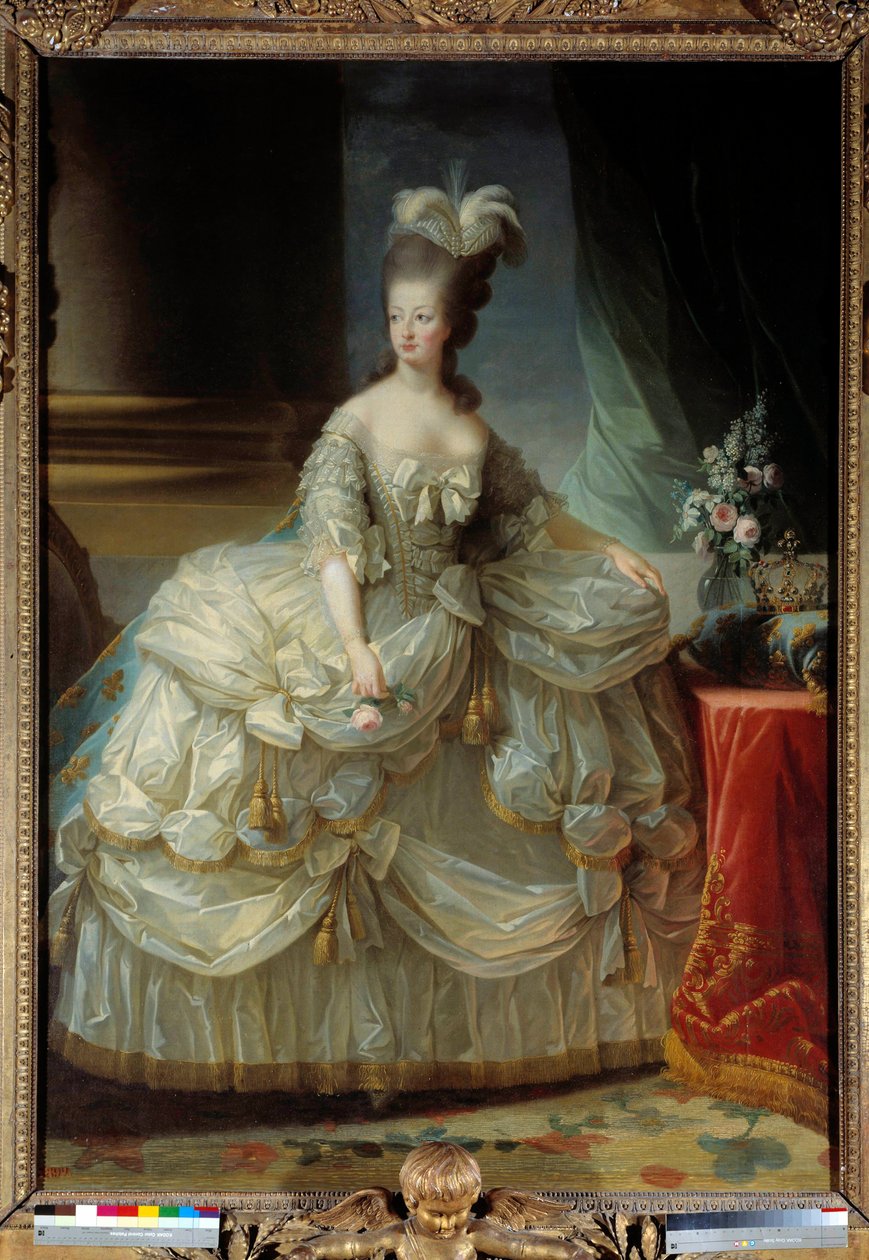Ritratto a figura intera di Maria Antonietta di Lorena Asburgo, Regina di Francia (1755-1793) in abito di corte, con una rosa in mano da Elisabeth Louise Vigee Lebrun