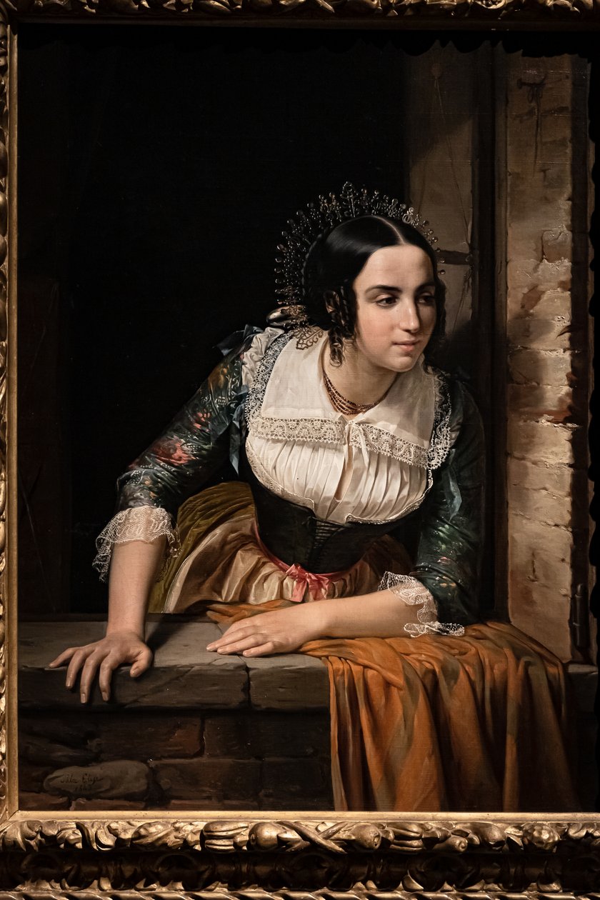 Lucia Mondella alla finestra, in attesa del ritorno del suo promesso sposo il giorno del loro matrimonio da Eliseo Sala
