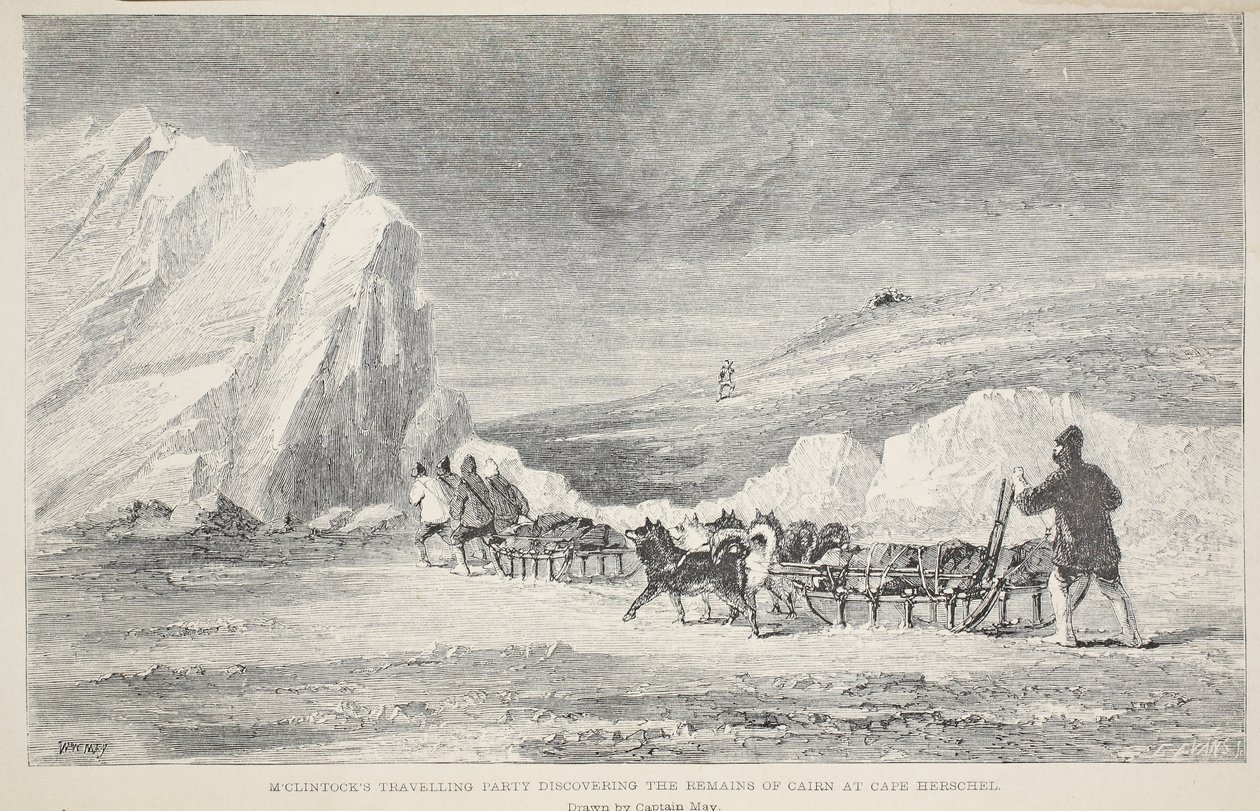 Il gruppo di viaggio di McClintock scopre i resti del Cairn a Cape Herschel, illustrazione da 
