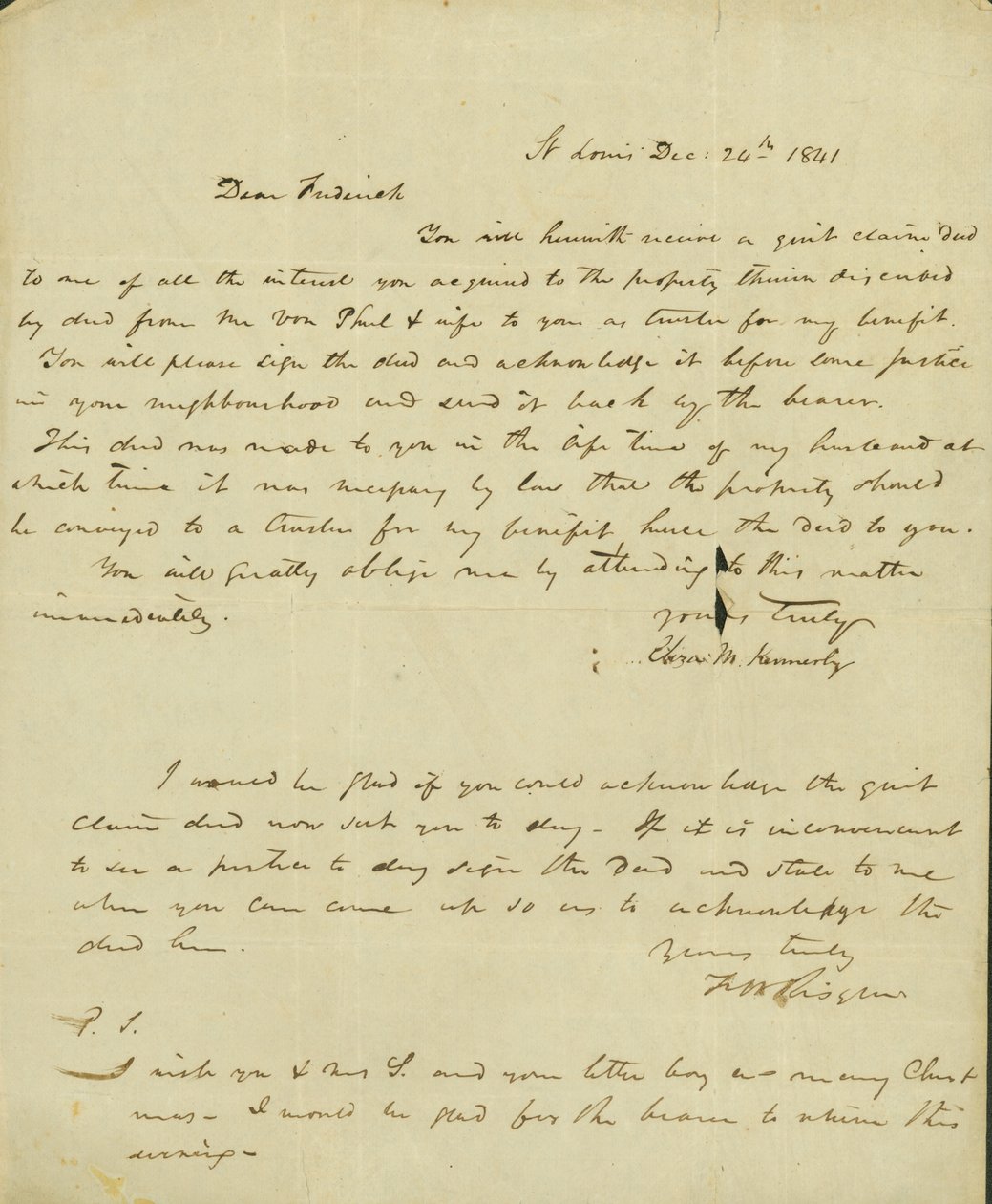 Lettera a Frederick Saugrain da Eliza Kennerly, 24 dicembre 1841 da Eliza Kennerly