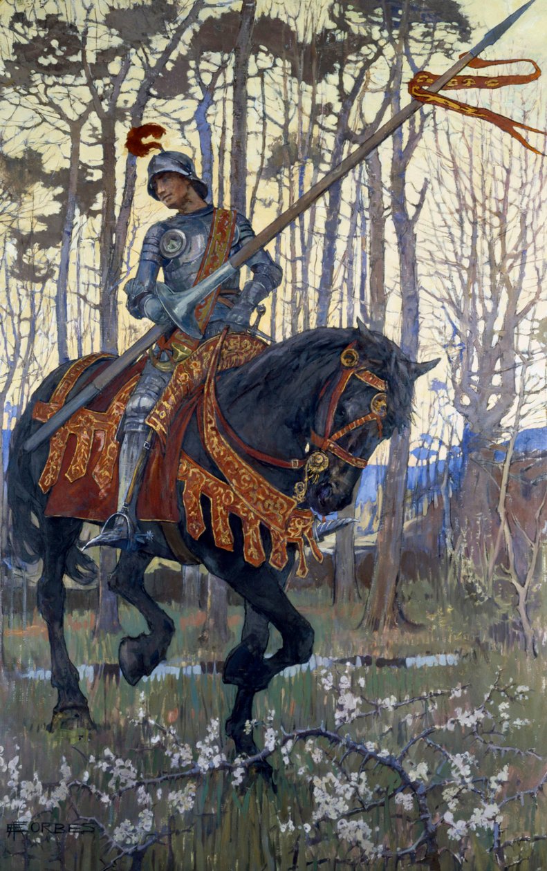 Un cavaliere in armatura attraversa la foresta, illustrazione da "King Arthur