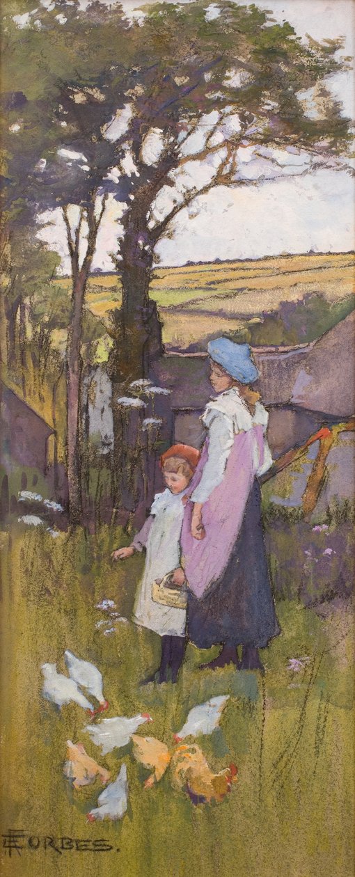 Dare da mangiare alle galline (pastello e acquerello su tavola) da Elizabeth Adela Stanhope Forbes