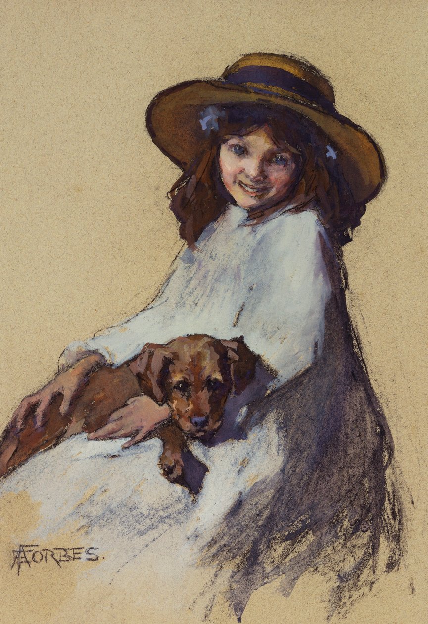 Giovane ragazza con il suo cucciolo da Elizabeth Adela Stanhope Forbes