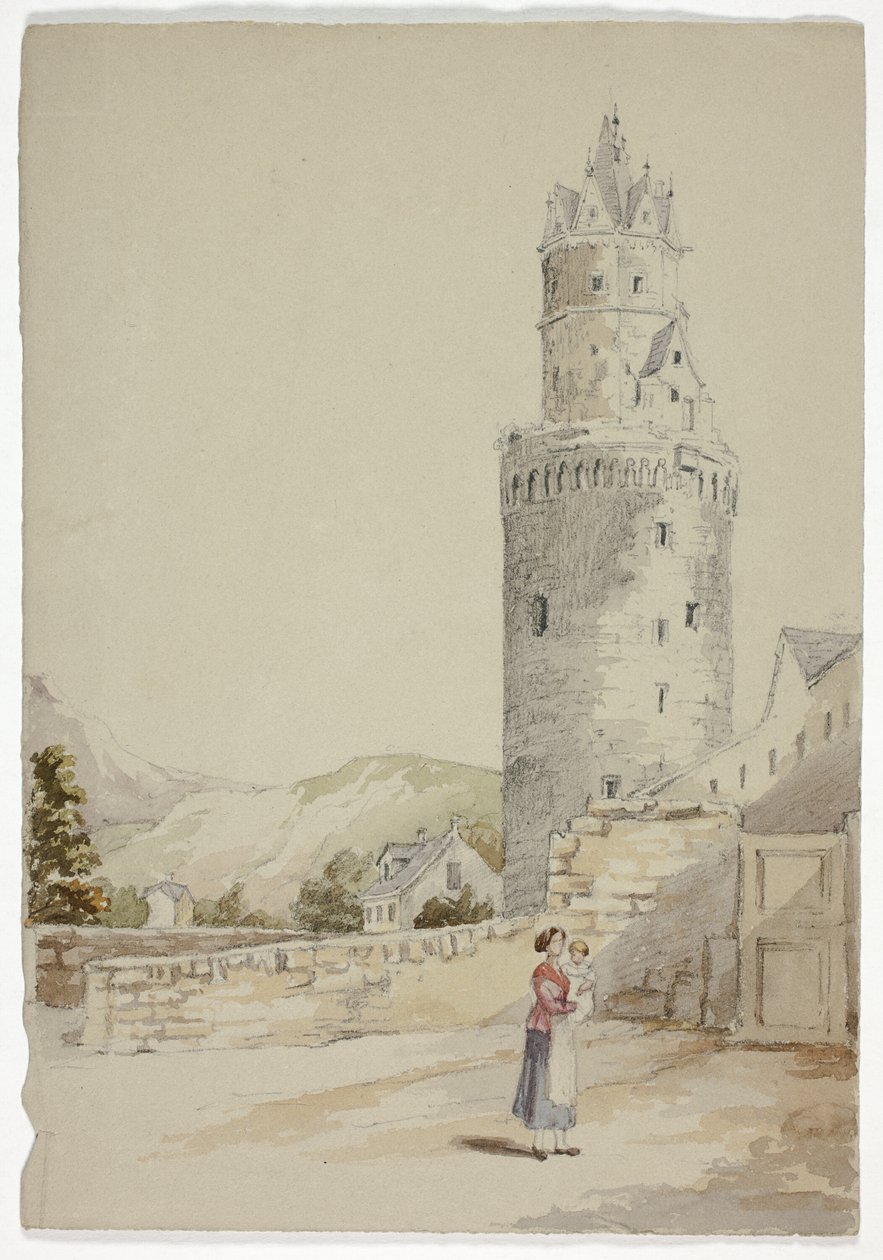 Donna e bambino davanti a città murata con torre da Elizabeth Murray