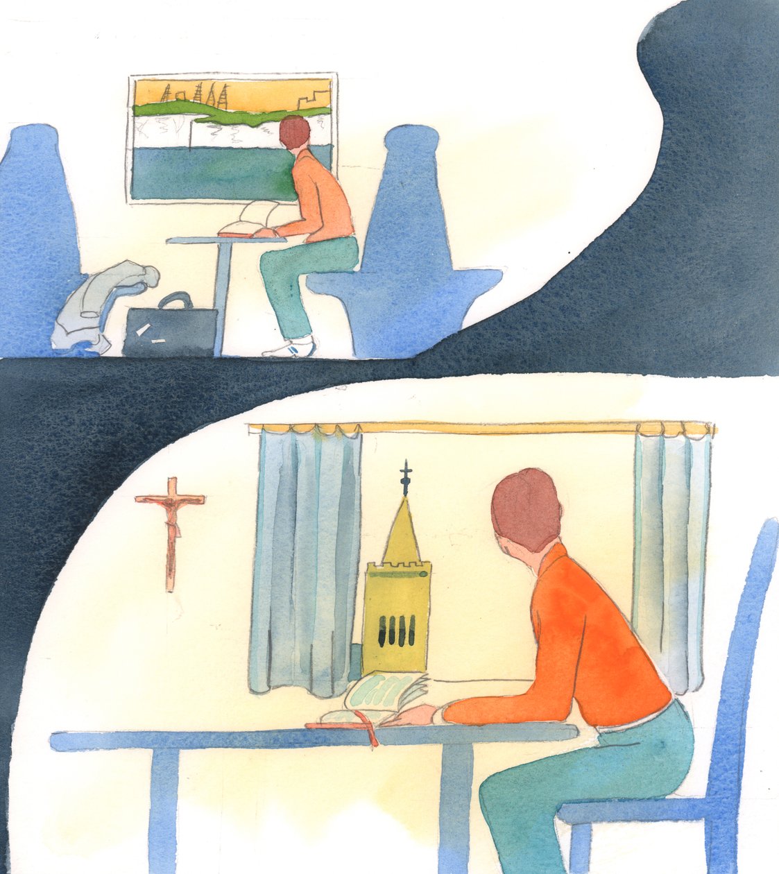 Una persona che adotta un nuovo paese e lo ama, scopre tutto quello che può, studia la sua storia, viaggia in posti bellissimi e lo difende agli altri, 2005 (acquerello su carta) da Elizabeth Wang