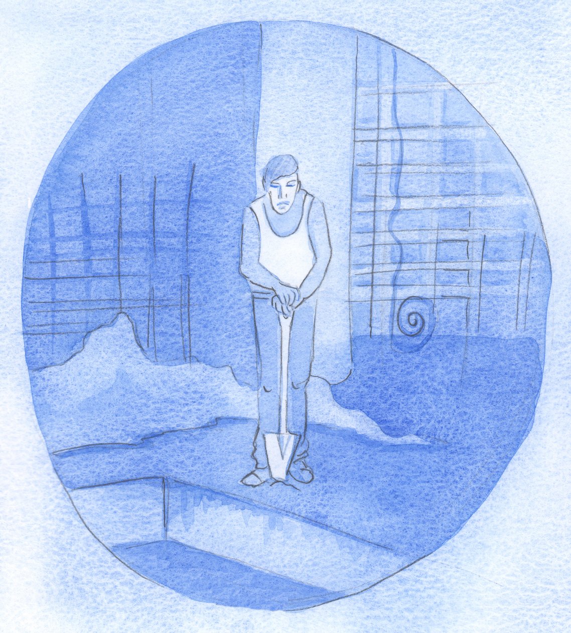 Un operaio si appoggia alla sua pala in mezzo al disordine e al caos di un cantiere, non vedendo ancora il motivo di tutto il suo lavoro: così è con noi mentre perseveriamo nella fede! da Elizabeth Wang