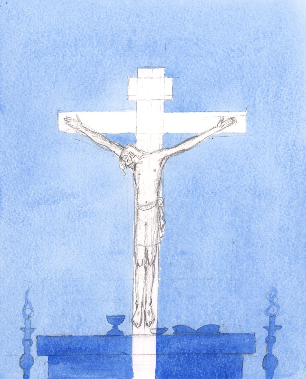 Dopo la Consacrazione, possiamo essere certi che Cristo è presente in mezzo a noi: Cristo che è morto sulla croce, pregando per i peccatori, e che è presente ora, pregando per noi nel nostro tempo, e offrendo lo stesso sacrificio, 2005 (acquerello su carta da Elizabeth Wang