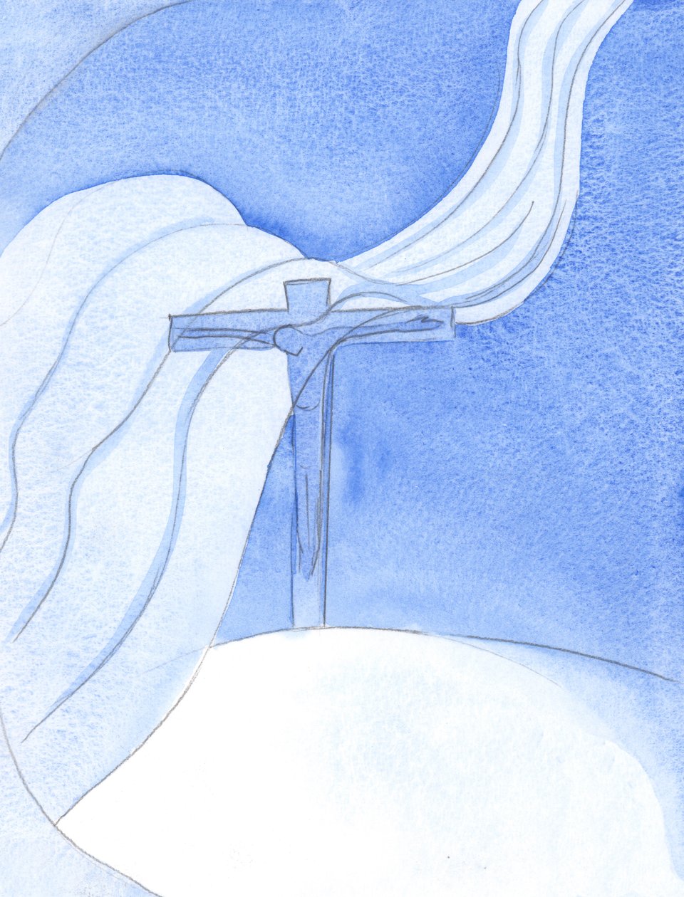 Mentre Cristo versa il suo Sangue in una Nuova Alleanza, un grande vento malevolo spazza la Croce, minacciando e distruggendo, 2001 da Elizabeth Wang