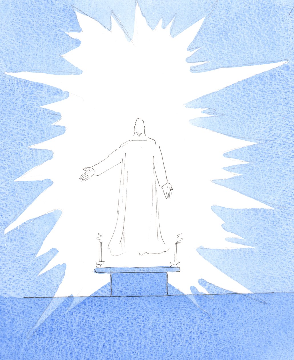 Cristo mi fece una domanda retorica, dicendo: "Dove sono gli altri". Intendeva dire: se i cattolici fossero stati ben istruiti sul Santo Sacrificio e sulla Presenza Reale di Cristo, molti di più sarebbero presenti anche a una Messa feriale, 2005 (acquerell da Elizabeth Wang