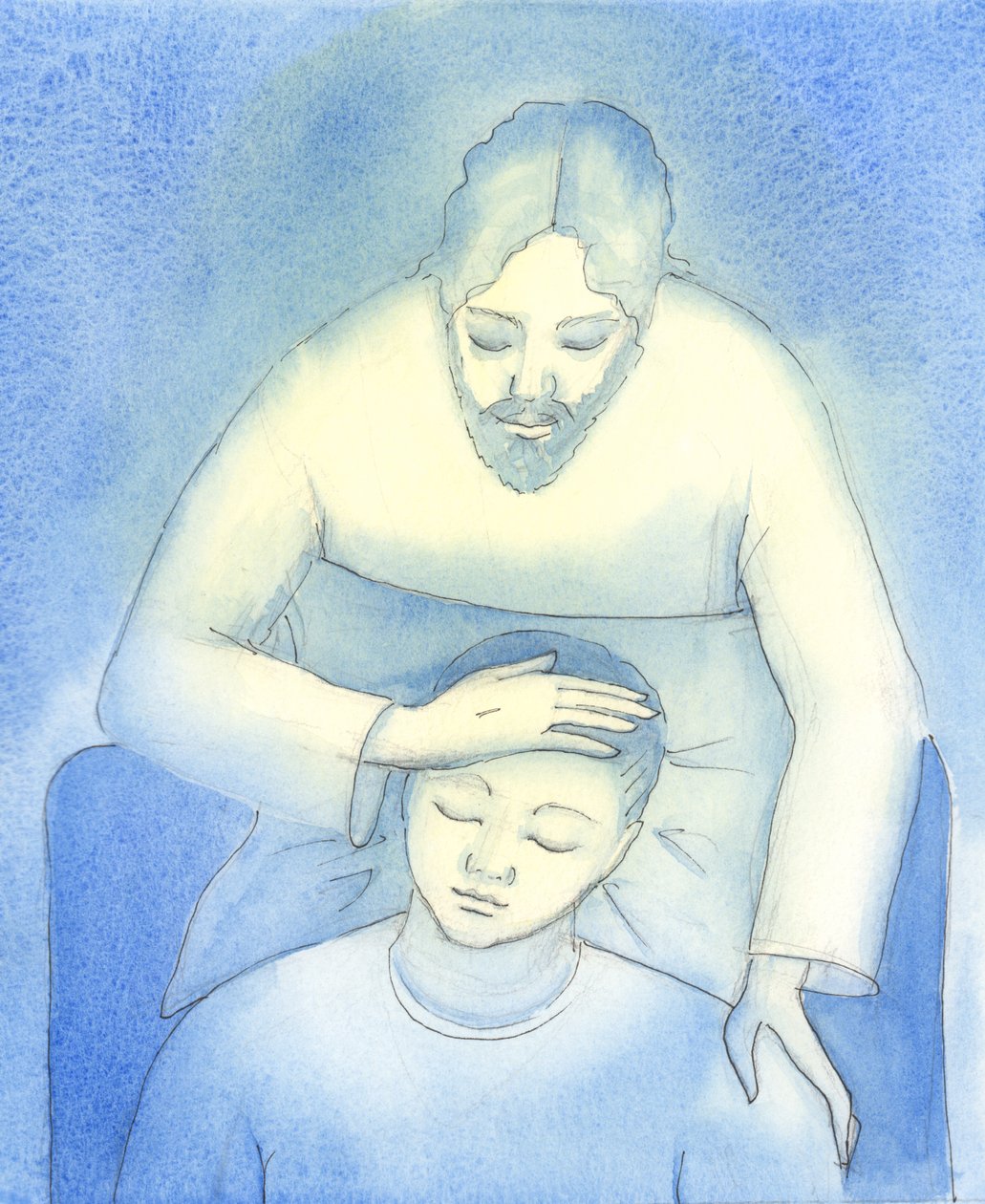 Cristo vede il nostro dolore e la nostra stanchezza, e viene a noi nella Santa Comunione per offrire consolazione e rassicurazione, come una madre che accarezza i capelli di un bambino da Elizabeth Wang