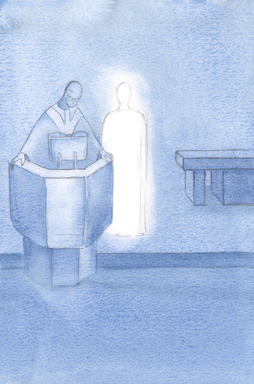 Cristo stava accanto al sacerdote che leggeva il Santo Vangelo a tutti noi, che era la parola di Cristo. da Elizabeth Wang