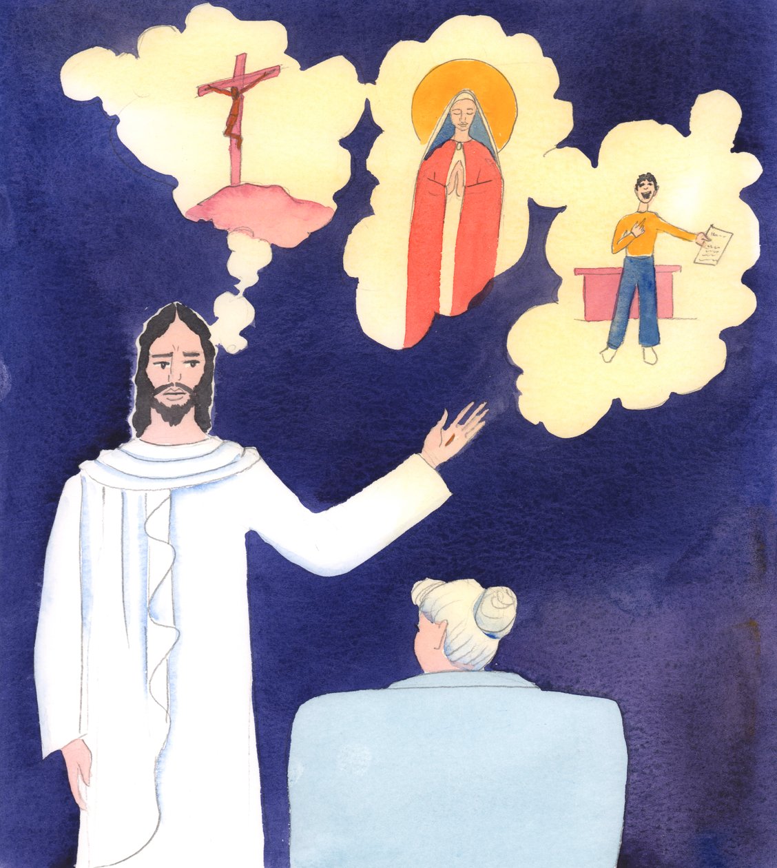 Cristo mi ha detto quanto poco la Croce sia menzionata dai predicatori e dagli insegnanti di oggi: la Croce su cui Egli ha sofferto a causa dei peccati gravi non è più menzionata, 2005 (acquerello su carta) da Elizabeth Wang