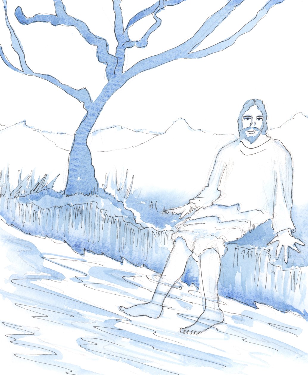Cristo mi disse che era vero che non aveva il piacere dei bagni caldi, come quelli di oggi; tuttavia aveva laghi e fiumi per rinfrescarsi e, per gran parte del tempo, un clima caldo, 2005 (acquerello su carta) da Elizabeth Wang