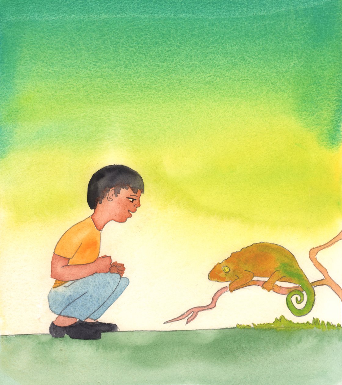 Dio che può operare un cambiamento sorprendente in un camaleonte, che può cambiare colore, può operare il cambiamento sorprendente - nella Santa Eucaristia - del pane e del vino che diventano il Sacro Corpo e Sangue di Cristo, 2005 (acquerello su carta) da Elizabeth Wang