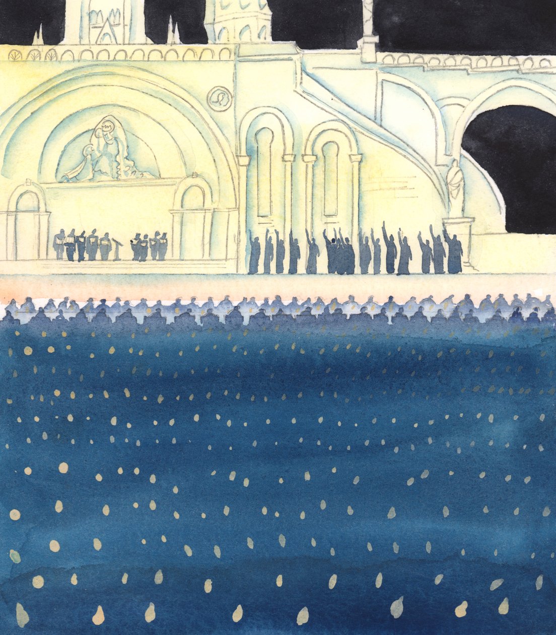 Dio e i suoi santi Angeli guardano con gioia, ovunque siano presenti Cristo e sua madre Maria, dove Cristo è adorato e Maria onorata, e dove la gente segue il loro esempio - come nel Domaine, a Lourdes, 2005 (acquerello su carta) da Elizabeth Wang