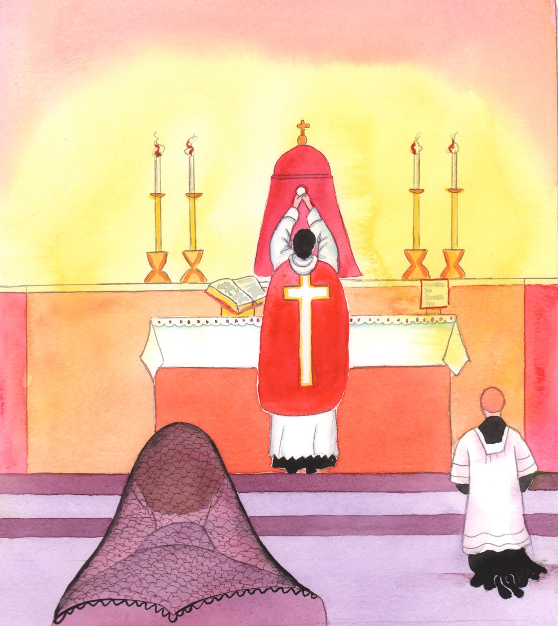 A passi deliberati (spiegò Cristo), mi aveva condotto lentamente verso il riconoscimento della riverenza e della bellezza associate al modo tradizionale di offrire il Santo Sacrificio, 2005 (acquerello su carta) da Elizabeth Wang