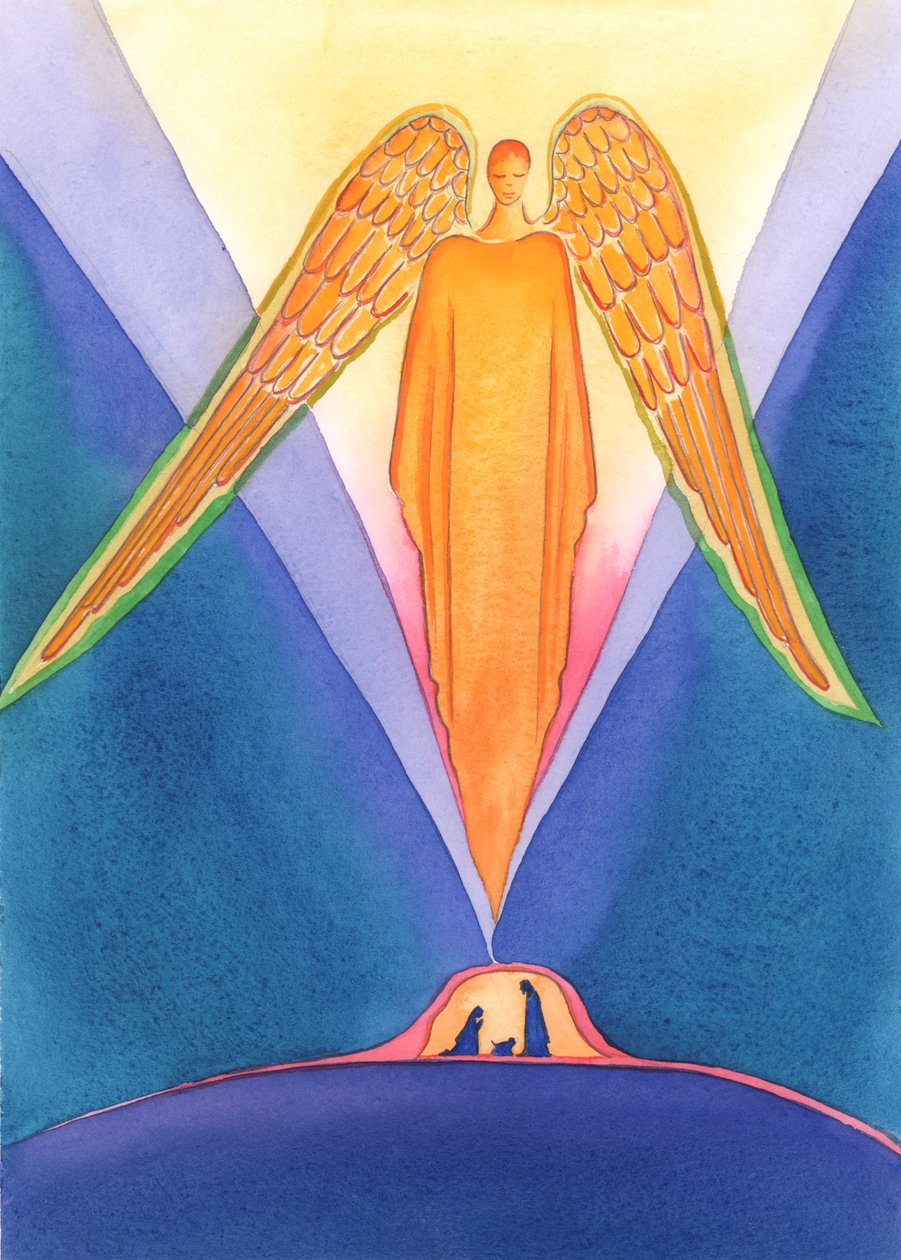 Gesù Cristo è venuto a condividere la nostra vita sulla terra, nella sua Natività, affinché potessimo andare in Paradiso, 2005 (acquerello su carta) da Elizabeth Wang