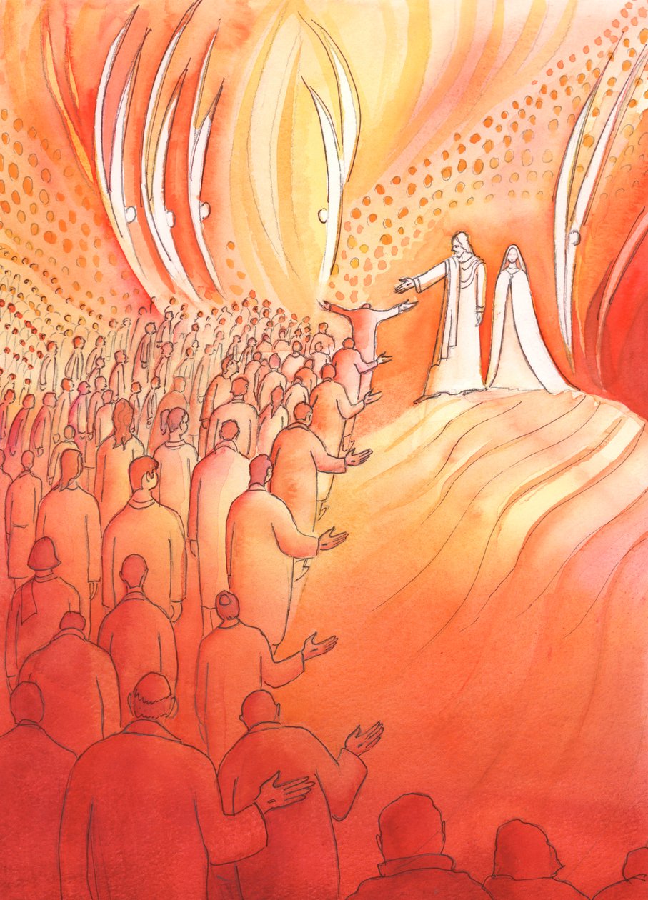 Gesù crocifisso aspetta alla porta del Cielo, con sua madre Maria e i santi angeli da Elizabeth Wang