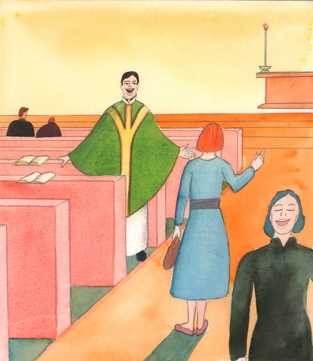 I sacerdoti che chiacchierano ad alta voce in chiesa e disturbano le preghiere degli altri mostrano una mancanza di riverenza che può riflettere una più profonda mancanza di rispetto per il Signore, 2005 (acquerello su carta) da Elizabeth Wang