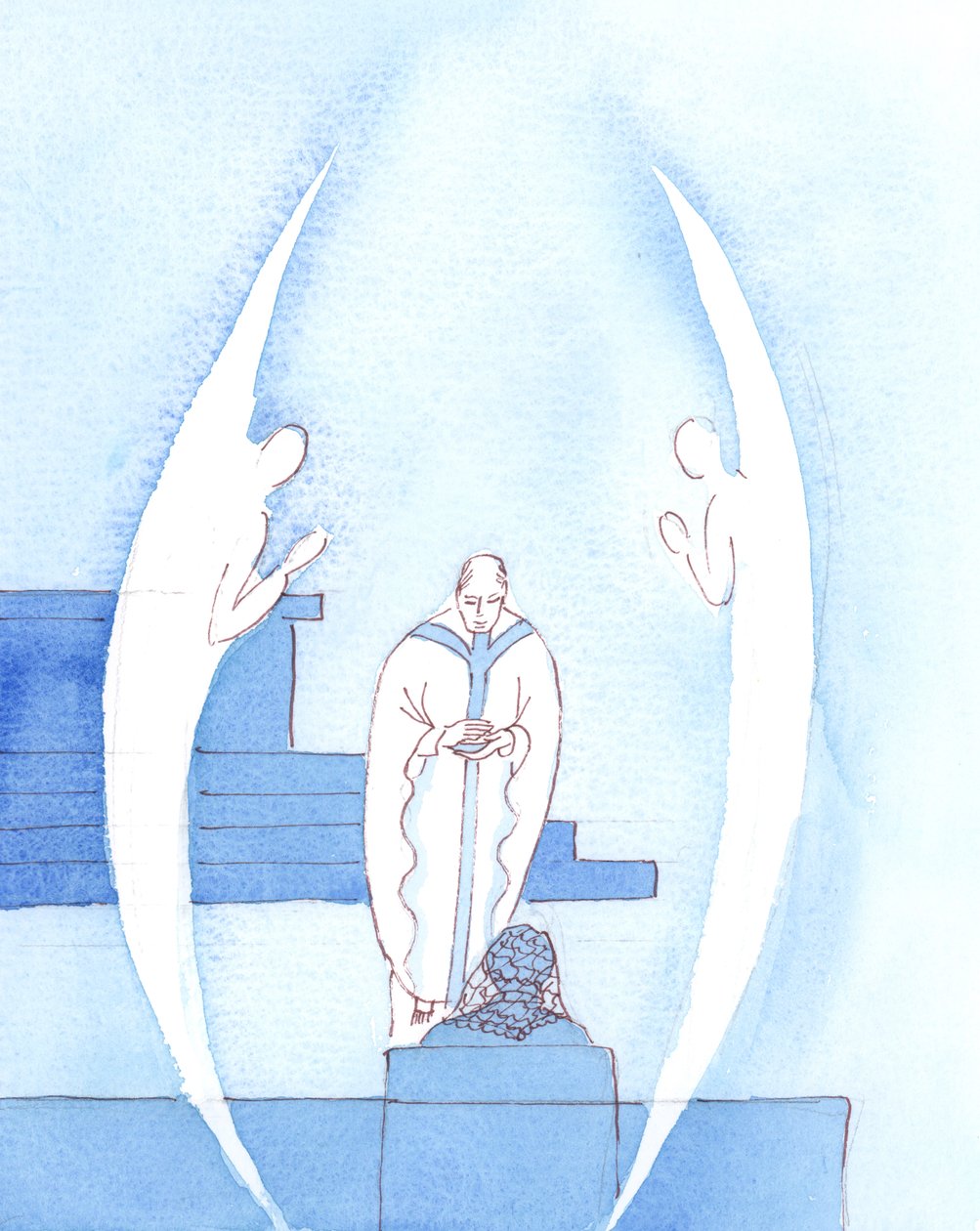La Santa Eucaristia, che è Gesù Cristo realmente presente, è un dono così grande e santo che due Angeli accompagnano il sacerdote mentre porta a noi il Sacramento benedetto, per la Santa Comunione, 2005 (acquerello su carta) da Elizabeth Wang