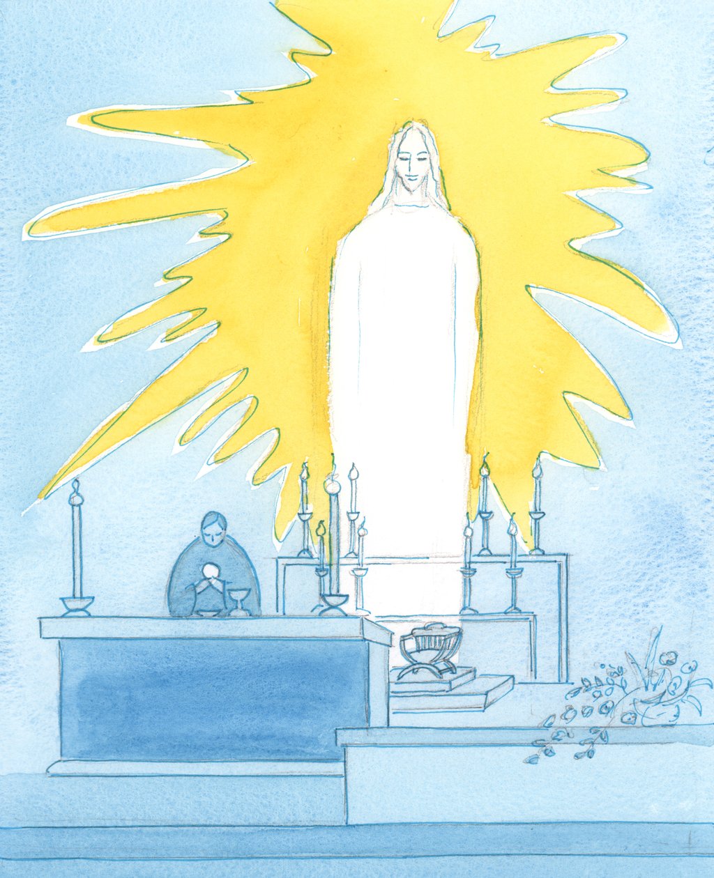 Veramente, Cristo nostro Dio è presente davanti a noi, Corpo, Sangue, Anima e Divinità: presente in gloria ad ogni Messa per pregare il Padre per nostro conto da Elizabeth Wang