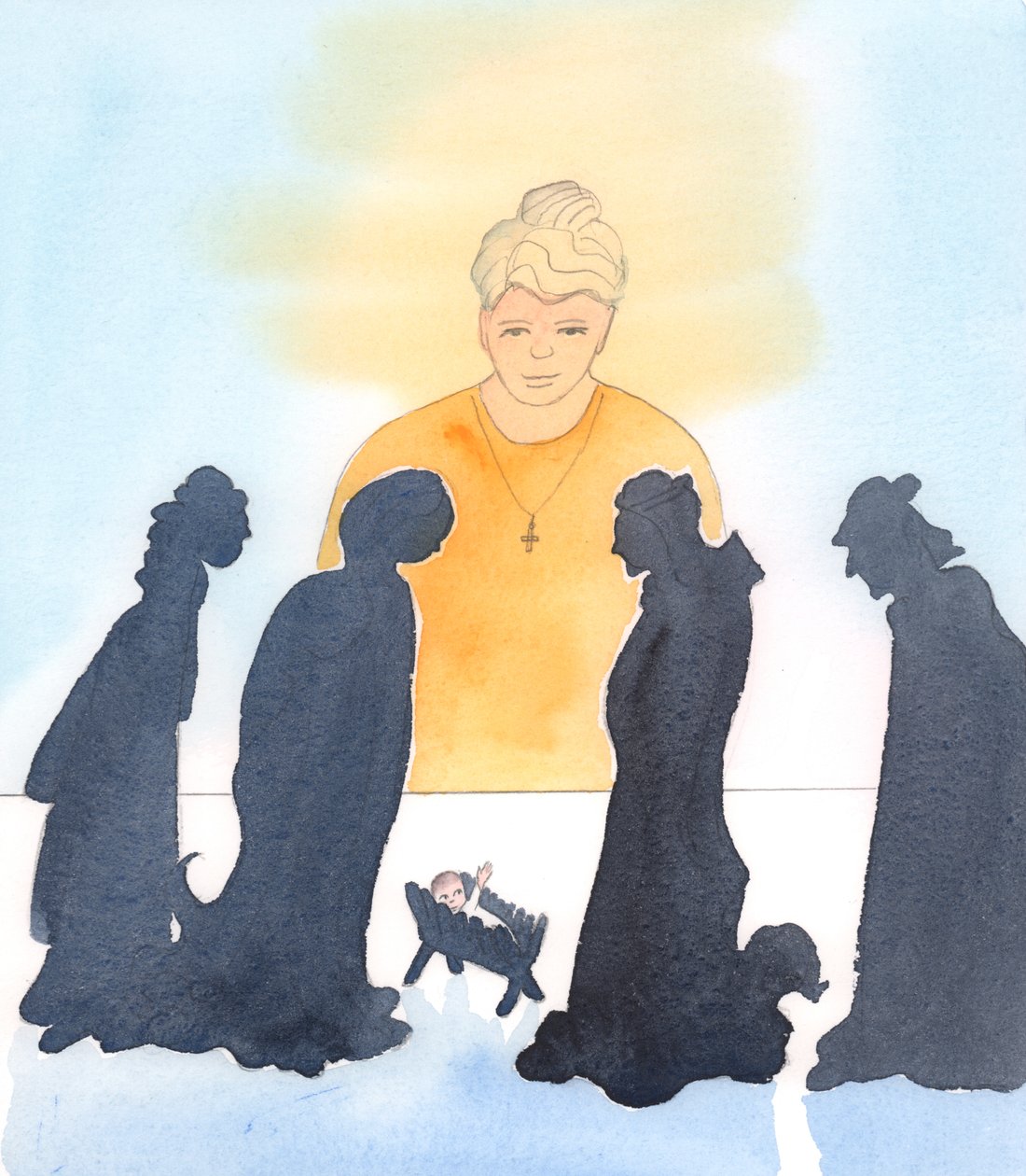 È giusto celebrare la nascita di Gesù Cristo, e godere di presepi e altre tradizioni; ma soprattutto dobbiamo aiutare i bisognosi, in onore di Colui che è venuto ad aiutarci nel bisogno, quando eravamo intrappolati nei nostri peccati, 2004 (acquerello su c da Elizabeth Wang