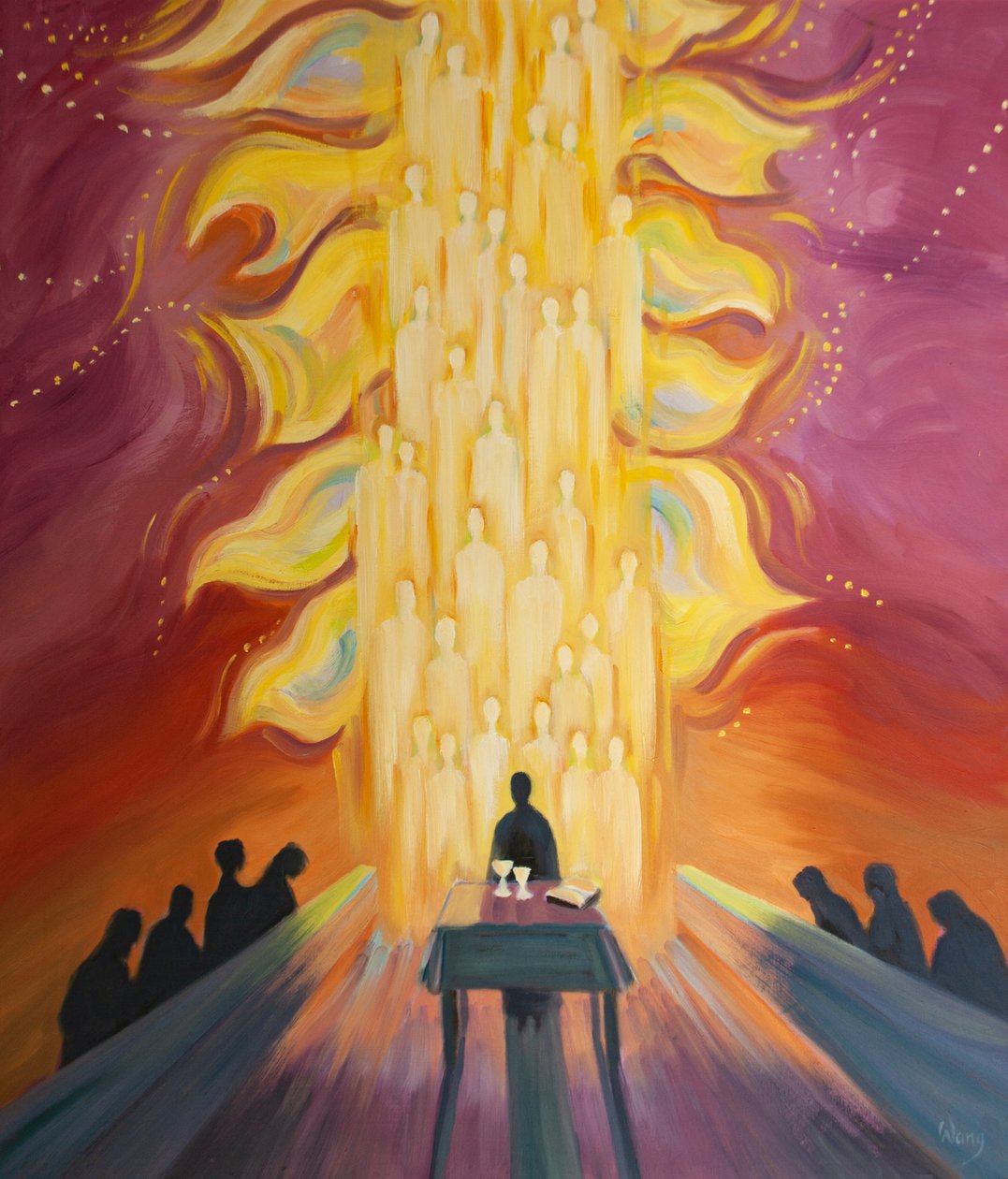 Ci uniamo agli angeli alla Messa, che echeggiano la nostra adorazione, come se sventolassero luminosi stendardi di gioia, mentre celebriamo la gloriosa Resurrezione di Cristo, 2000 da Elizabeth Wang