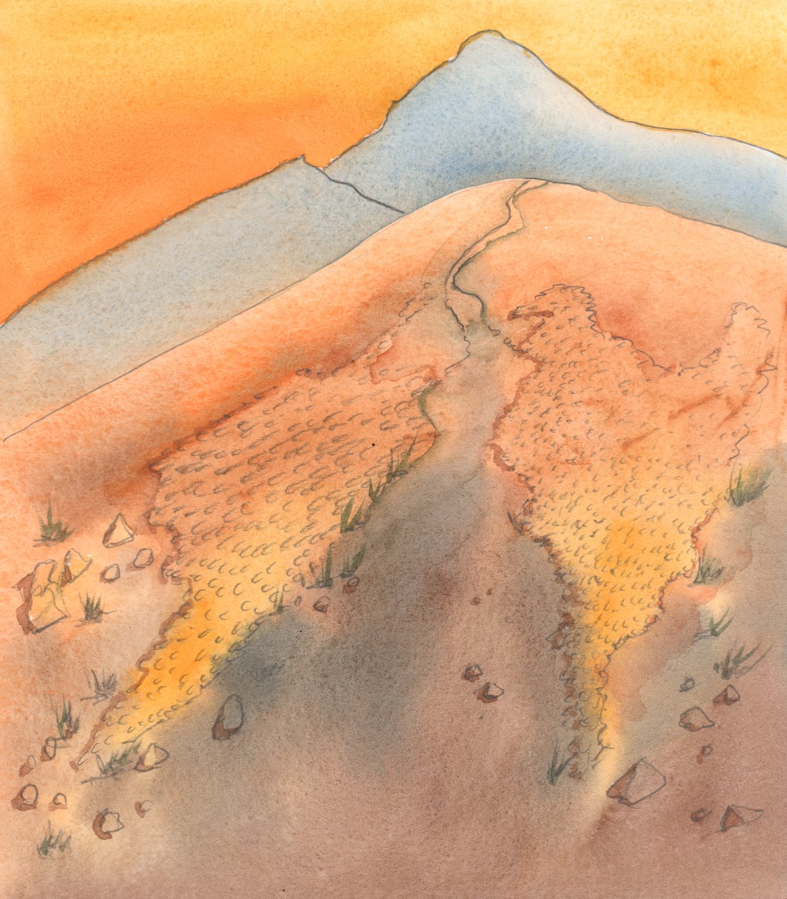 Quando le persone desiderano essere buone, ma non hanno ancora preso delle risoluzioni o adottato dei principi fermi, sono come degli scalatori su una montagna su cui ci sono grandi macchie di scisto sciolto - piccole pietre, 2005 (acquerello su carta) da Elizabeth Wang