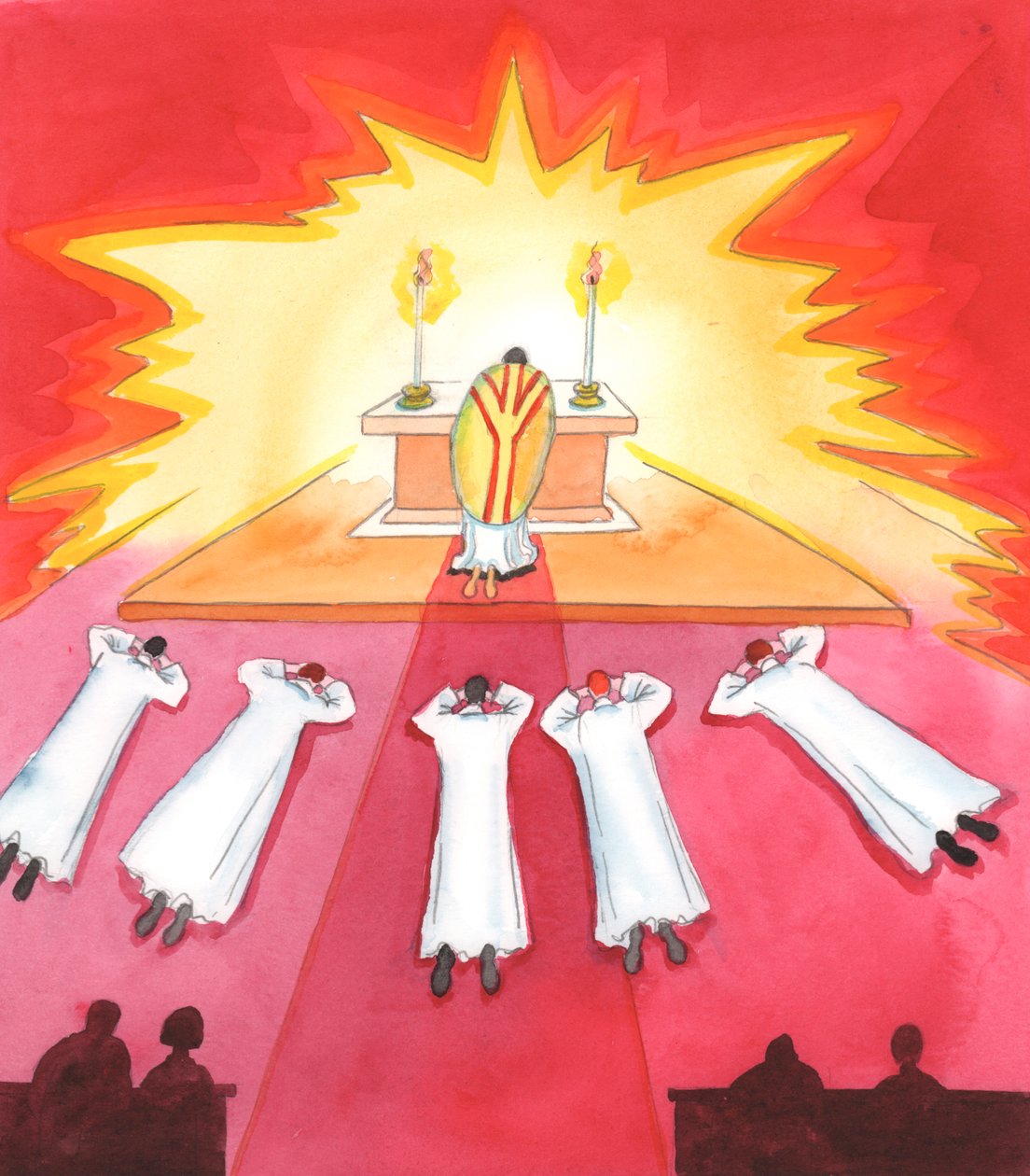 Quando le famiglie sono fedeli agli insegnamenti della Chiesa, per amore di Cristo e dei suoi pastori, fungono da semenzaio per le vocazioni al sacerdozio e alla vita religiosa, 2005 (acquerello su carta) da Elizabeth Wang
