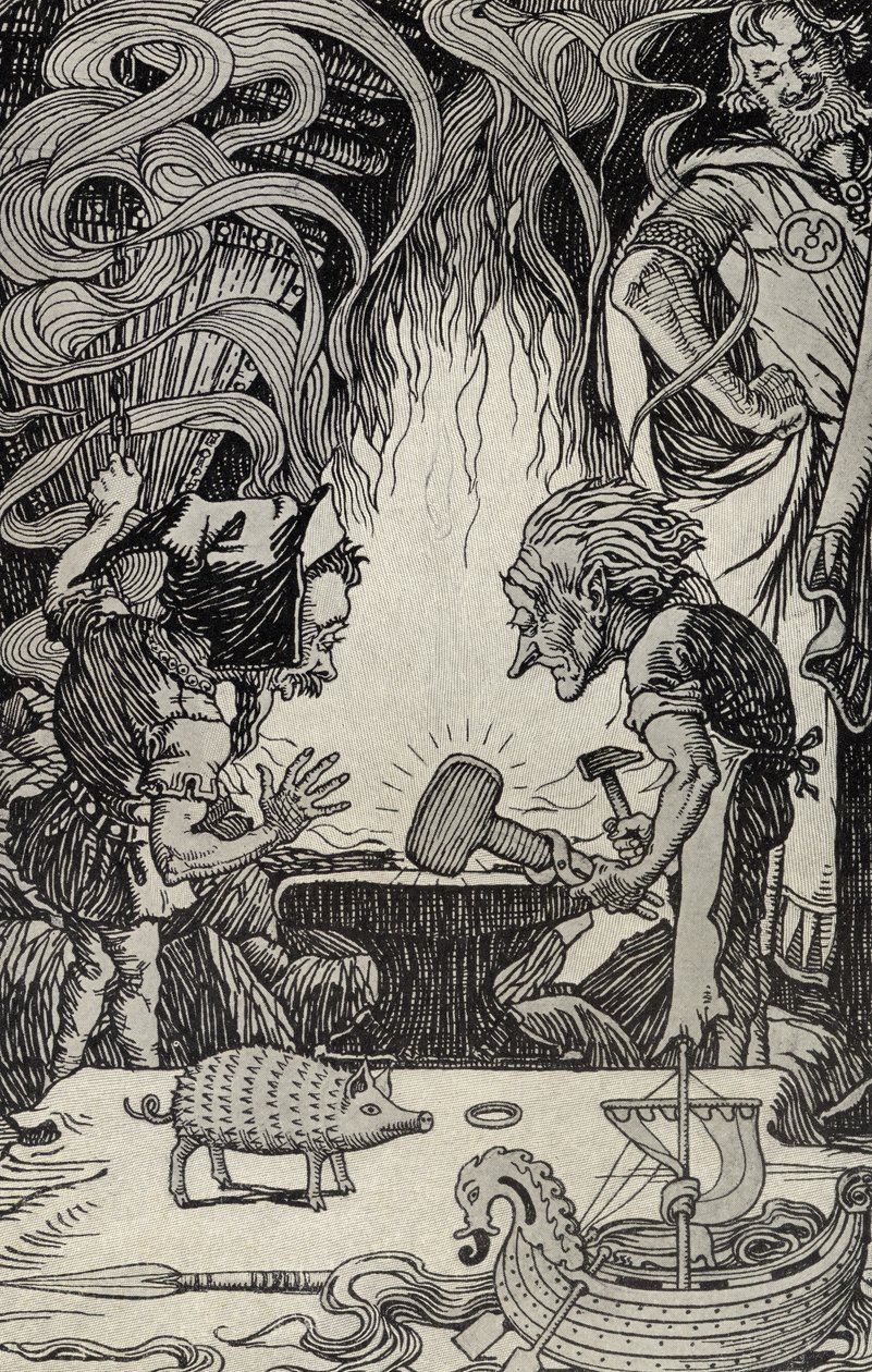 Il terzo dono un enorme martello, illustrazione da Miti di molte terre, pubblicato nel 1912 da Elmer Boyd Smith