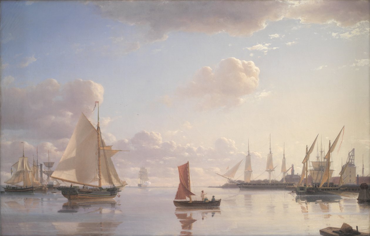 Vista da Langelinie verso i cantieri navali reali a Nyholm, Copenaghen. Luce del mattino da Emanuel Larsen
