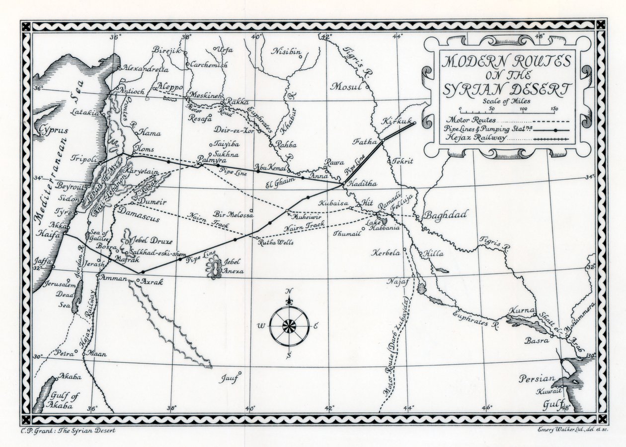 Rotte ferroviarie e automobilistiche e oleodotti, deserto siriano, 1937 da Emery Walker