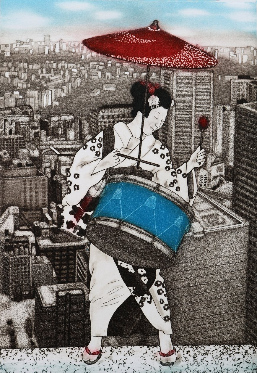 La ragazza del tamburo, 2007 (acquaforte a colori) da Emiko Aida